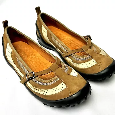 Clarks PRIVO T-Strap Driving Moccasins Womens Size 6.5M Brown Leather-Mesh Flats • $19