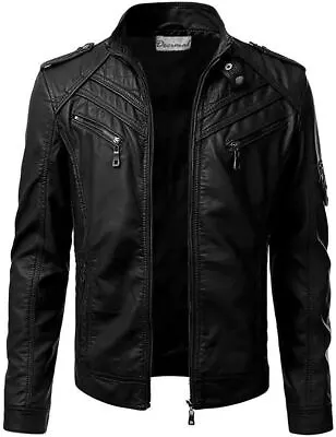Mens Real Sheepskin Black Leather Jacket Retro Slim Fit Biker Jacket • $109.14