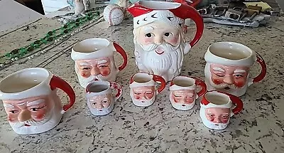 Vintage Christmas Novelty Santa Claus Ceramic Set Pitcher W/ 7 Mugs Japan  • $235