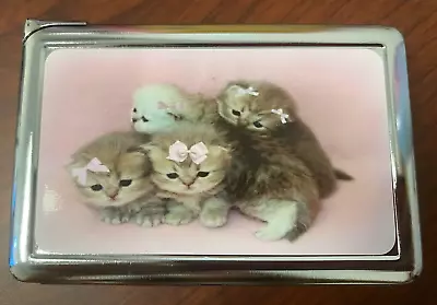 Kittens In Bows 100's Size Cigarette Case With Lighter Metal Wallet • $17.55