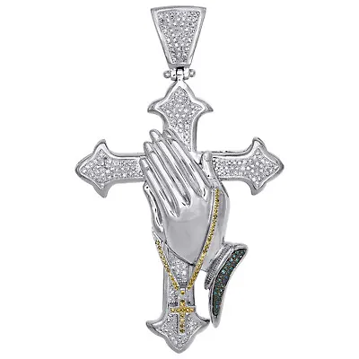 $1545 • Buy 10K White Gold Yellow, Blue Diamond Praying Hand Rosary Cross 3  Pendant 1.30 CT