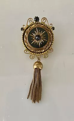 Vintage Pendant Brooch Gold Tone Intaglio Black Glass Tassel Mourning Victorian • $9.99