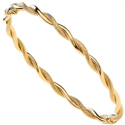 9ct Yellow Gold 4mm 2 Row Twisted Plain And Patterned Hinged Bangle (0472) • £219
