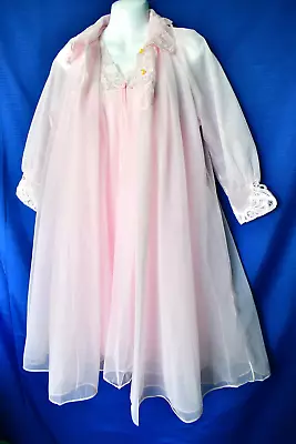 💮Vintage Peignoir 2PC Babydoll SET Gown PINK Nylon Chiffon S French Maid Canada • $46.28