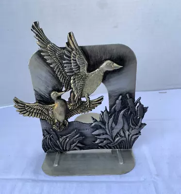 Metzke  Metal Mallard Ducks In Flight Cattail Single Bookend 1980 USA • $14.99