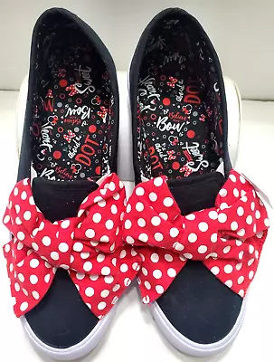 DISNEY Minnie Mouse Slip On Shoes Black Canvas Pad Red Polka Dot Bow Size 8 NWT • $37.99