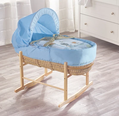 £56.99 • Buy Blue Moses Basket And Rocking Stand, Mattress & Bedding 'Beary Nice' Bear Theme
