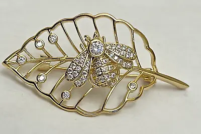 Bee Insect Bug Brooch Pin Crystal Clear Glass Rhinestone Gold Flower Vintage US • $16.99