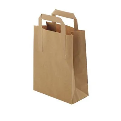 50 X Large Brown Paper SOS Takeaway Bags With Flat Handles 10 X12  Kraft Party • £8.95