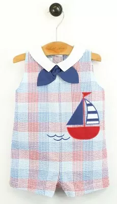 NWT Petit Ami Navy Red Sailboat Sailor Tie 3 6 9 M Baby Boys Sunsuit Romper • $15.60