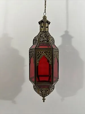 Hanging Decorative Moroccan Candle Lantern Candle Holder Red Glass • $36