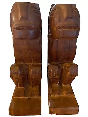 Hand Carved Wooden Sitting Man Tiki Totem  Bookends Dark Wood • $19.95