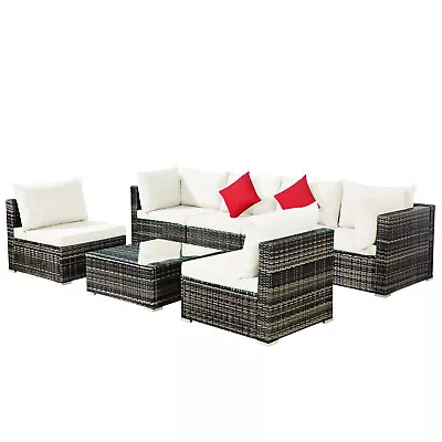 Patiojoy Patio 7PCS Rattan Furniture Set Sectional Sofa Garden White Cushion • $609.99