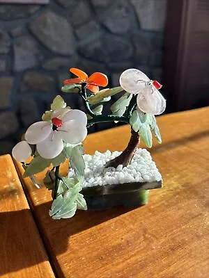 Vintage Bonsai Jade Rose Quartz Glass Flowering Asian Tree In Flower Pot • $35