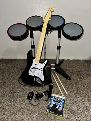 $259.99 • Buy Xbox 360 Wired RockBand Bundle Drums, Guitar, Game,  Drumsticks, & Mic