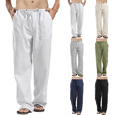 Mens Solid Cotton Linen Pants Summer Vocation Jogger Trousers S M L XL XXL XXXL • $16.98