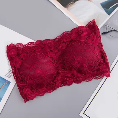 Women Floral Lace Bandeau Tube Bra Cami Top Strapless Padded Lingerie Underwear • £4.43