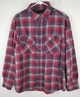 Rugged Wear Flannel Shirt Mens L Red Gray Plaid Long Sleeves Outdoor • $16.79