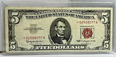 1963 Five Dollar Bill STAR NOTE Red Seal Circulated. Free Shipping. 7 Digit. • $16.27