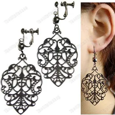 3 Long VINTAGE STYLE DROP EARRINGS Marcasite CRYSTAL Black FILIGREE Screw Clips • £2.99