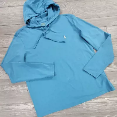 Polo Ralph Lauren Hoodie T Shirt Long Sleeve Blue Lightweight Mens M White Pony • $18.97