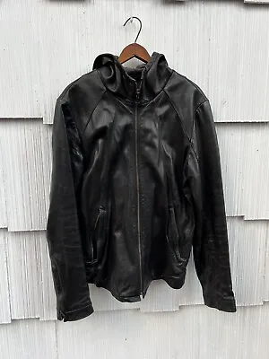 Vintage Black Leather Hoodie Jacket Size Medium Unisex With Hoodie By Mirage  • $150