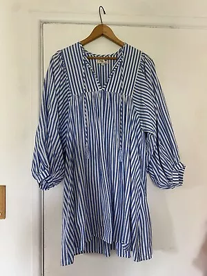 Millie Resort & Travel Dress Size M Boho Peasant Dress Blue White Striped Tassel • $64