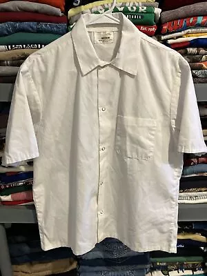 Vintage 80s Medium White Snap Button Shirt Short Sleeve Workwear Boxy Fit 21x26 • $18