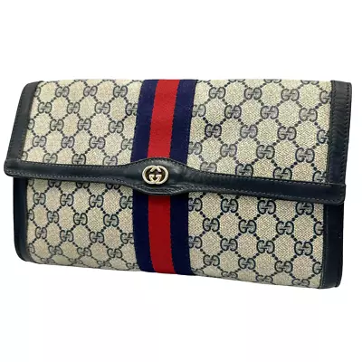 GUCCI Vintage Sherry Clutch Bag Handbag Purse GG Supreme Navy Large Authentic • $249