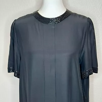 Vintage I. Magnin 100% Silk Beaded Neckline & Cuffs Black Shift Dress Size 14 • $39.99