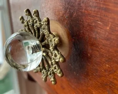 1 Antique Glass Drawer Pull Handle Clear Smooth Cabinet Knob Brass Ornate Base • $12.34