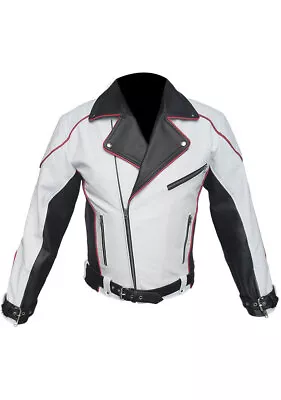 Mens Genuine Leather Real Black White And Red Bikers Jacket Racers Jacket • $119.99