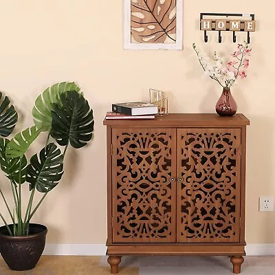 Vintage Buffet Sideboard Storage Accent Cabinet With Hollow Carved Doors Brown • $199.99