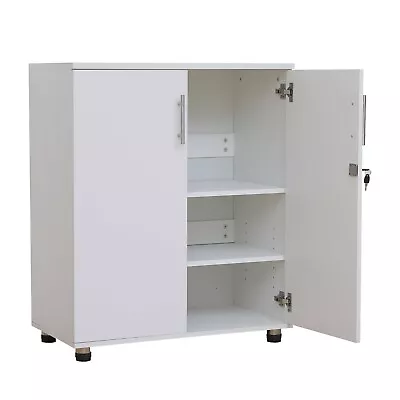 Storage Cupboard White Office Lockable 2 Door 2 Shelf Wooden Cabinet 90cm Tall • £109