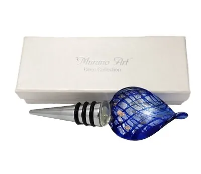 Vtg Wine Glass Bottle Stopper Murano Blue White With Gold Brown Specks In Box • $13.50