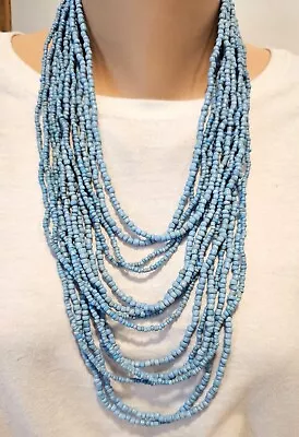 Vintage Turquoise Blue Beaded Necklace Multi Strand Wood Wooden Clasp • $27