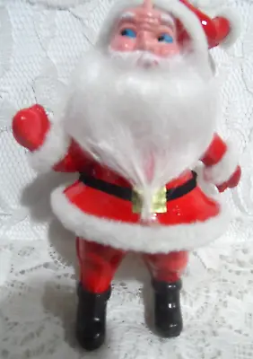 Vintage Christmas Ornament - SHINY HARD PLASTIC SANTA W/FLUFFY BEARD & TRIM • $6.99