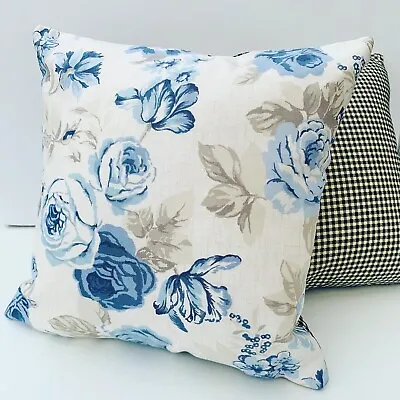 Vintage Cream & Blue Cabbage Rose Floral Gingham Cotton Cushion Cover 16” X 16” • $8.70