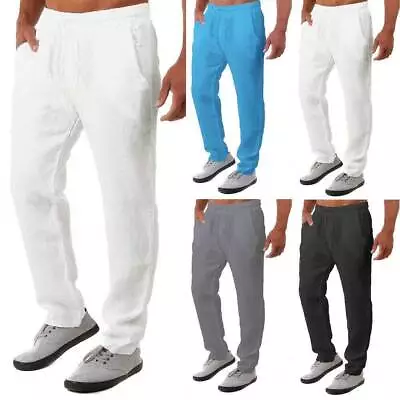 Men Cotton Linen Joggers Pants Elasticated Waist Pockets Sports Gym Long Trouser • $7.59