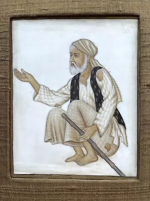Vintage MUGHAL ART Painting On Bone Beggar Man Seated With Cane Framed • $75
