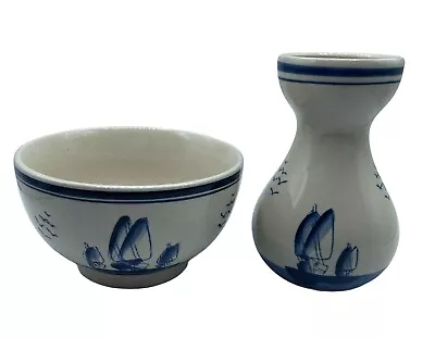 VTG Delft Hyacinth Bulb Vase & Bowl Windmill Blue/Cream Porcelain • $28.99