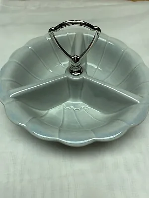 Vintage USA Pottery Blue Divided Serving Dish With Chrome Handle Barware MCM 8” • $20