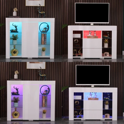TV Stand Cabinet Cupboard Sideboard Display Cabinet High Gloss Door W/LED Lights • £54.90