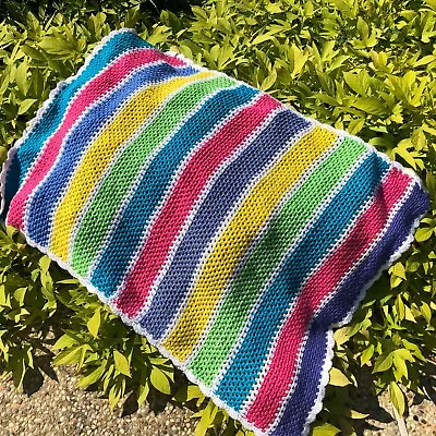 $22.76 • Buy Baby Toddler Blanket Afghan Striped Bright Multicolor Crochet Soft 34x27