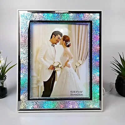 LED Crushed Diamond Mirrored Crystal Photo Picture Photograph Frame 8x10  Silver • £18.99