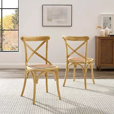 Modway Gear Rustic Modern Farmhouse Elm Wood Rattan Two Dining Chairs In Natural • $220.66