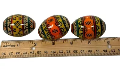 Wooden Decorated Eggs Orange Black Yellow Ukraine  Set Of 3 • $14.81