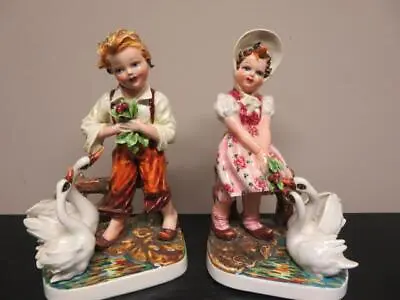 Carlo Mollica Pair Of Vintage Capodimonte Figures Girl And Boy With Geese 9  • $90.92