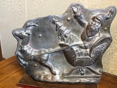 Primitive Antique Tin Style Santa Sleigh Reindeer Silver Resin Chocolate Mold • $34.49