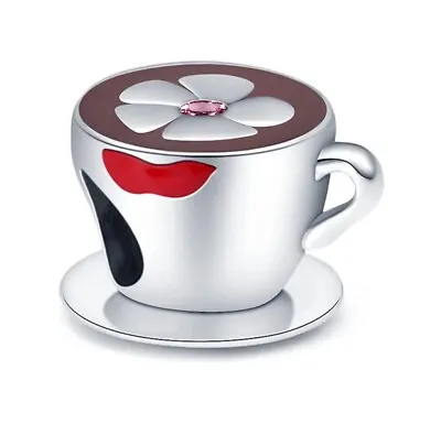 Coffee Cup Mug Flower Lipstick 925 Sterling Silver Charm Bracelet Necklace • £16.38